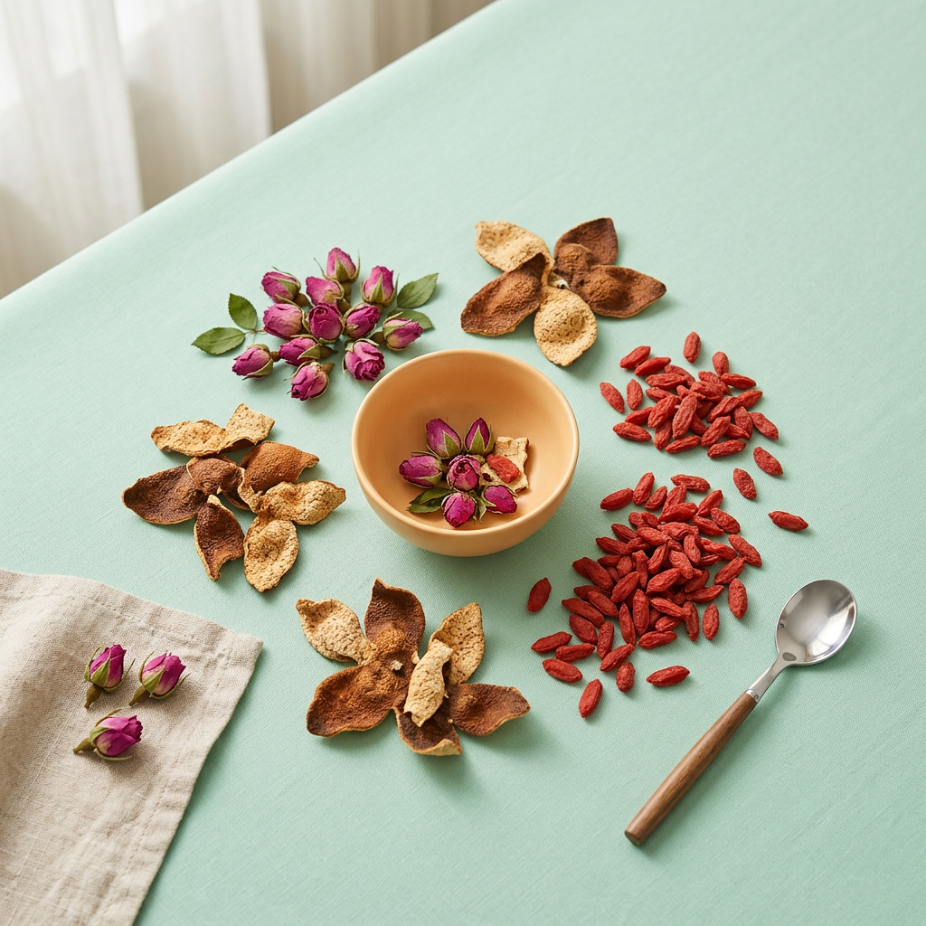 Flatlay of rose buds, dried tangerine peel, and goji berries on a soft mint green background in natural light