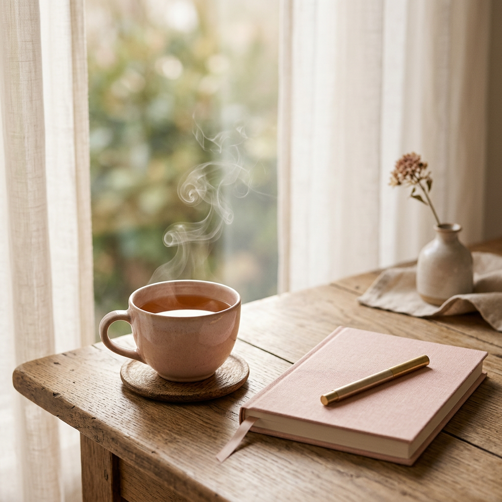 Steaming herbal tea and a wellness journal on a wooden table in soft natural light.