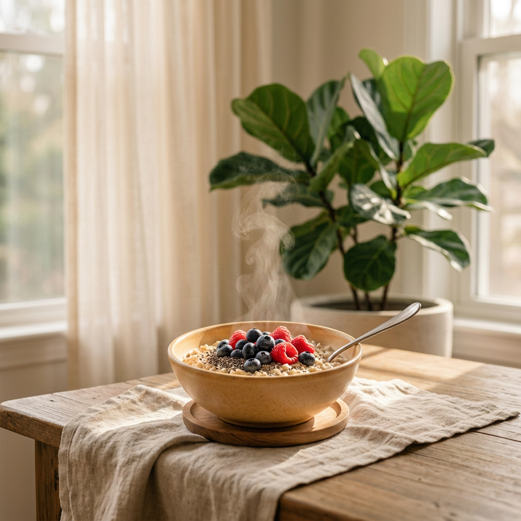 A warm bowl of oatmeal topped with chia seeds and fresh berries, featuring soft rising steam and cozy apricot-toned morning light