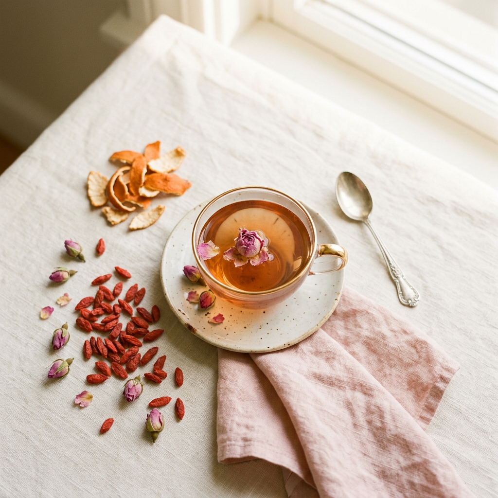 Minimalist wellness aesthetic featuring rose tea, dried citrus, and berries in soft morning sunlight.
