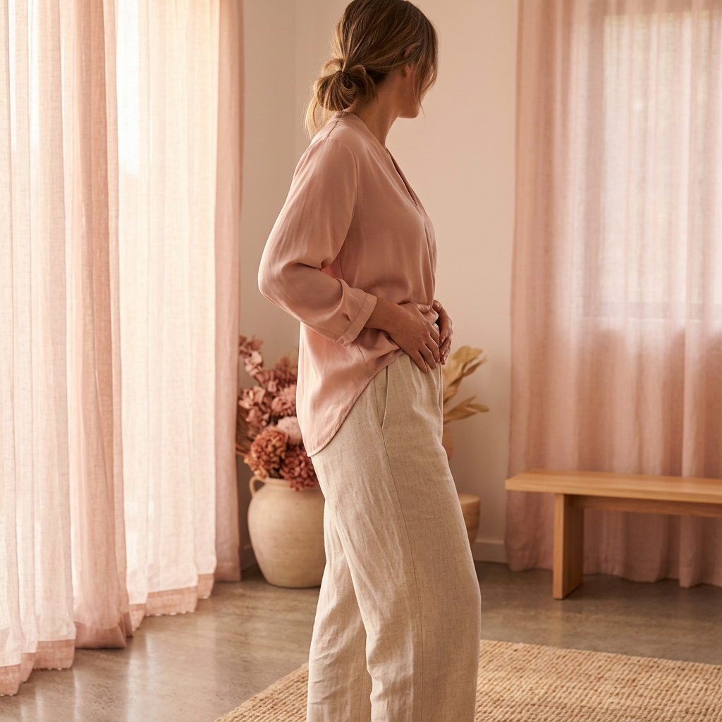 Minimalistic silhouette of a woman holding her lower belly in soft morning light with warm pink tones.