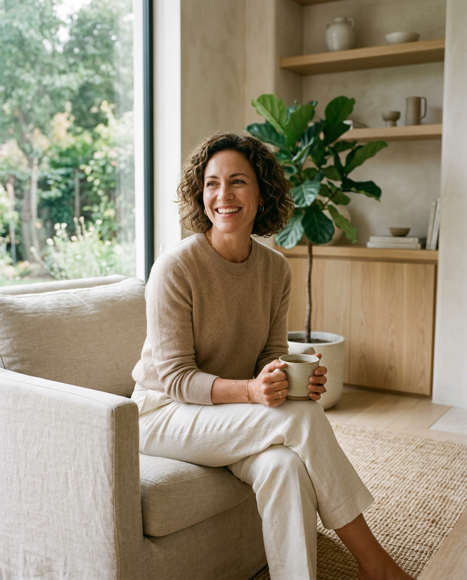 A luxury editorial portrait of a woman in her early 40s with a calm, confident smile enjoying a peaceful morning in a warm, minimalist home. Bathed in soft natural light and wearing elegant simple clothing, she embodies a balanced and healthy lifestyle with a premium brand aesthetic.