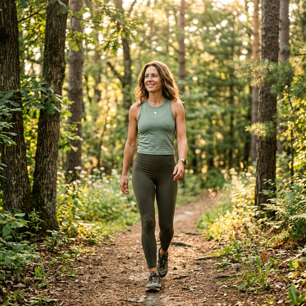 A realistic wellness lifestyle portrait of an energetic woman in her 40s walking in nature with a gentle smile, looking refreshed and balanced. Warm sunlight filters through trees, highlighting her natural movement and calm confidence. The photography features soft warm colors and an elegant, authentic premium brand aesthetic.
