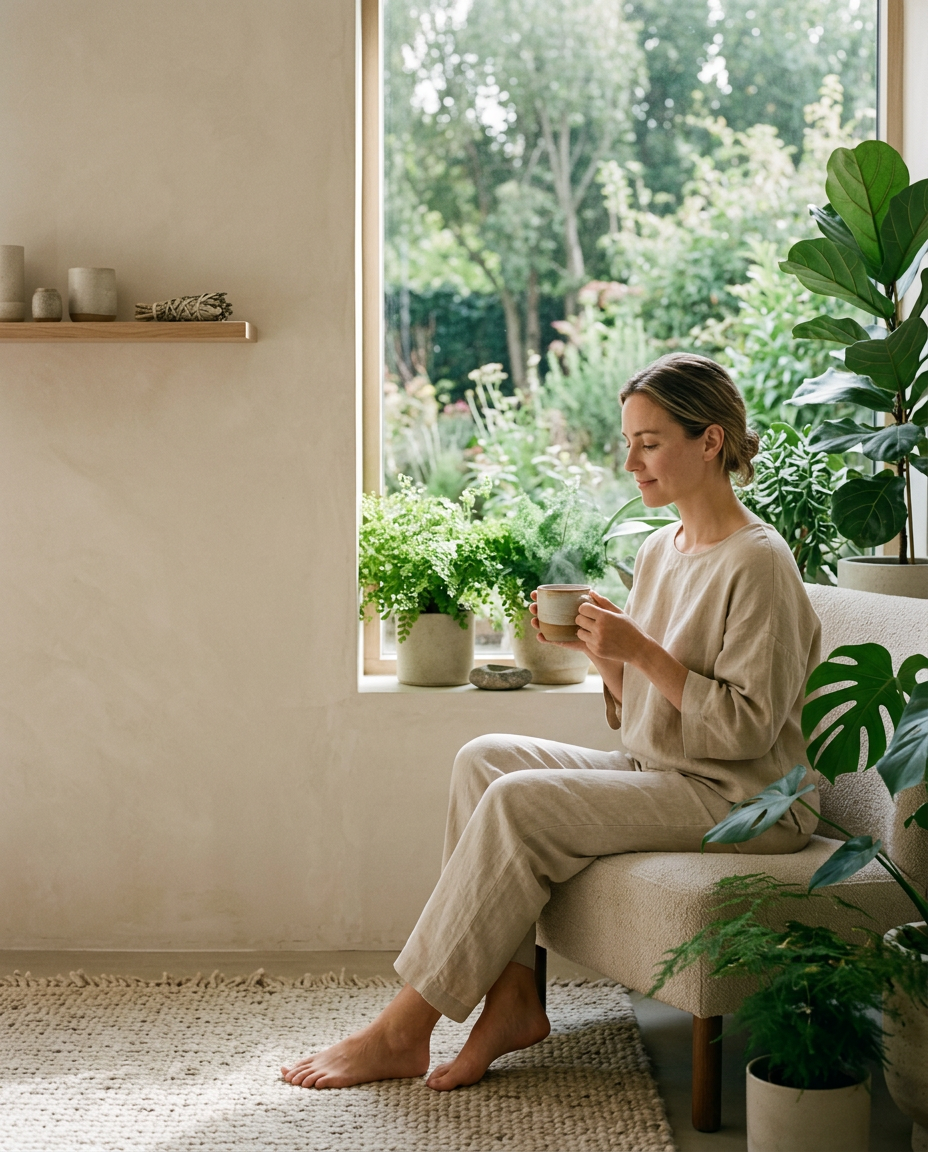 A woman with a calm, relaxed expression in elegant linen clothing sitting by a window with fresh plants, holding a warm herbal drink. The bright minimalist interior features organic textures and soft natural sunlight, utilizing a palette of beige and sage green to evoke a premium holistic wellness brand aesthetic.