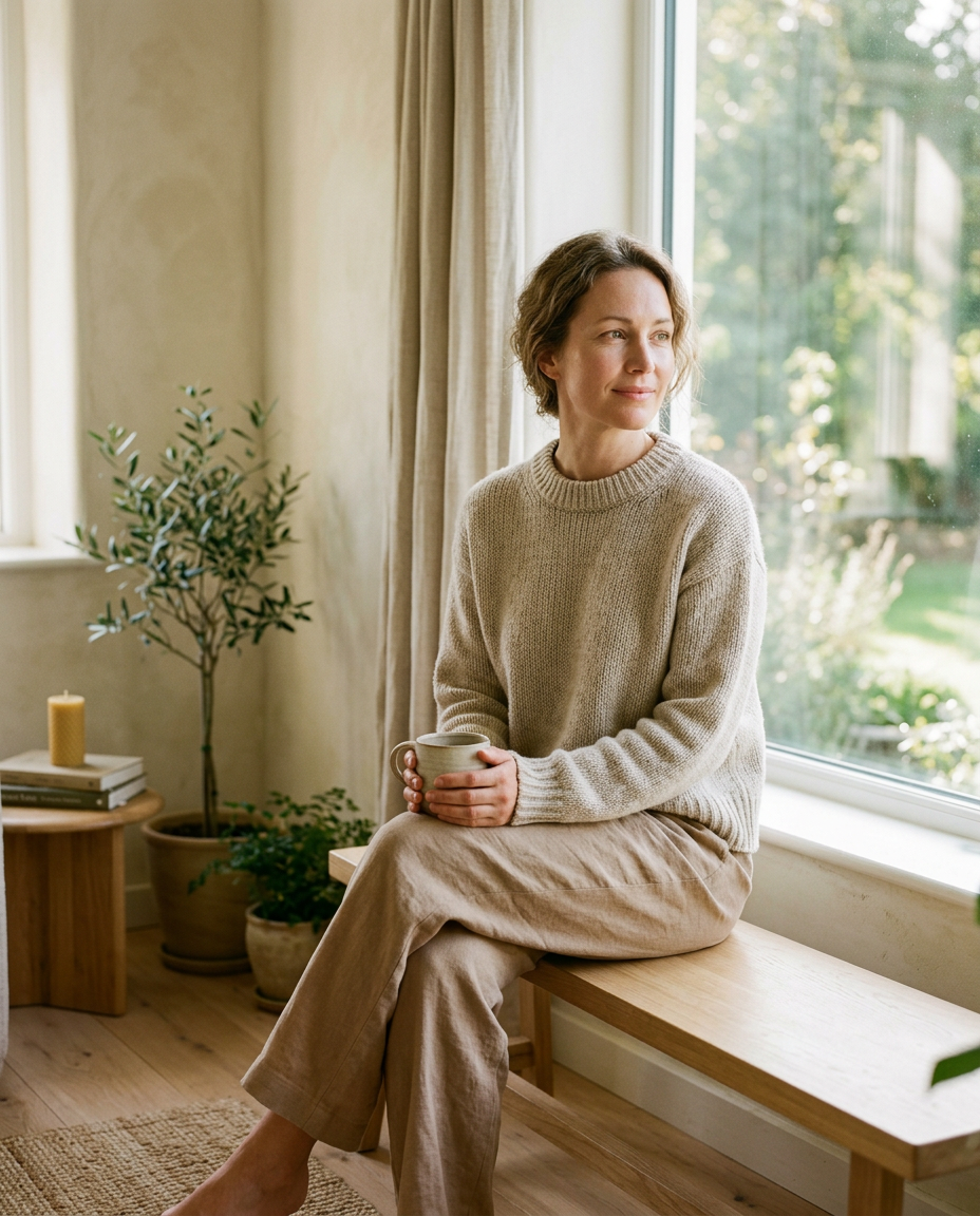 A natural wellness editorial portrait of a woman in her late 30s sitting peacefully by a window. Her thoughtful yet calm expression is illuminated by soft morning sunlight in a warm, minimalist home. The realistic photography features organic textures and neutral tones, capturing an authentic premium wellness brand aesthetic.