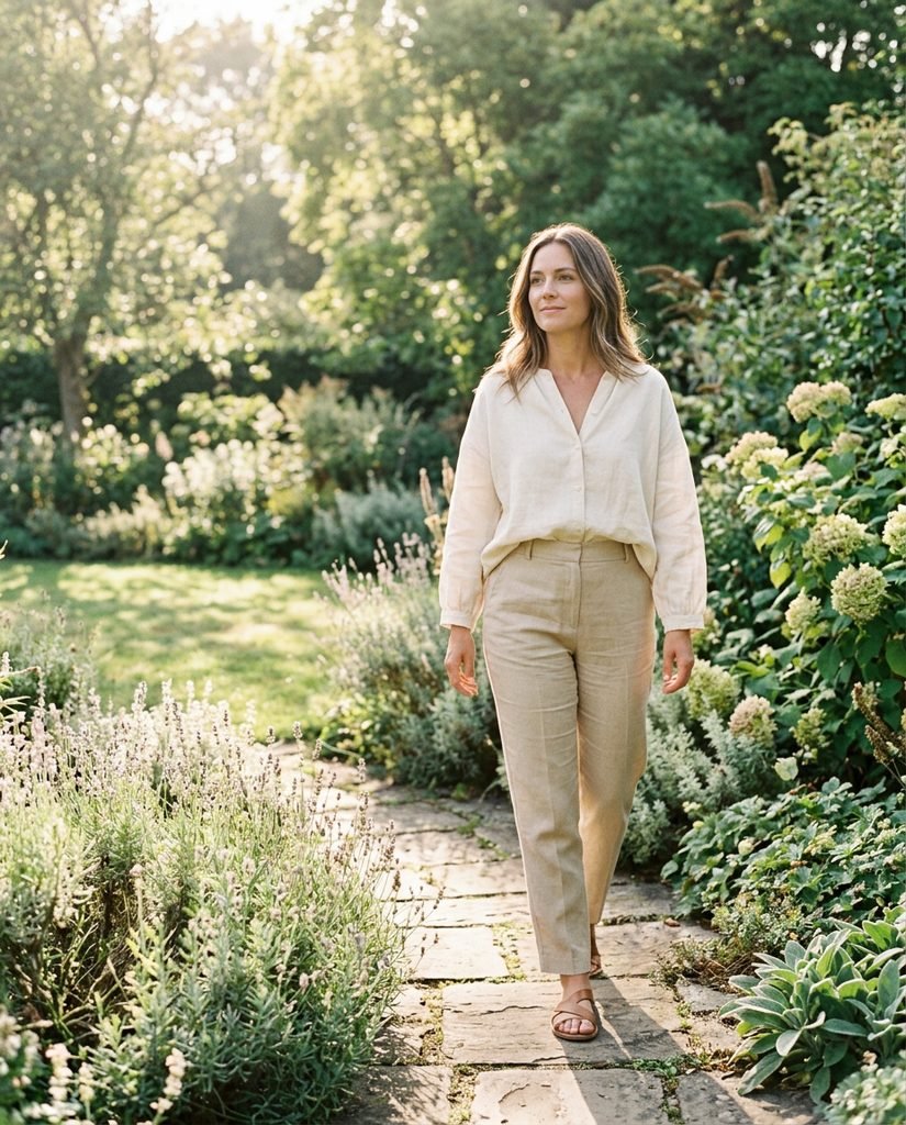 Luxury wellness editorial photography of a woman with a relaxed, confident expression walking through a sunlit garden. Dressed in elegant neutral clothing under gentle morning light, she embodies a grounded and mindful lifestyle. The composition uses warm beige and soft green tones to capture a premium feminine wellness brand aesthetic.