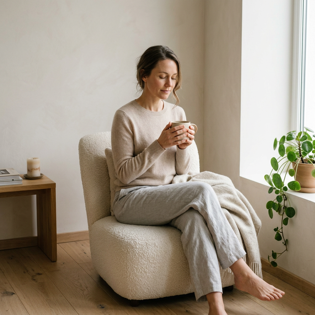 A realistic wellness lifestyle portrait of a woman in her late 30s practicing mindful self-care at home, with a peaceful expression while holding a warm drink. The minimalist elegant interior is bathed in soft natural light, evoking emotional balance and body awareness within a luxury health brand aesthetic.