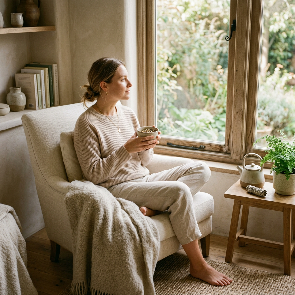 A realistic lifestyle portrait of a woman in her 30s sitting peacefully by a window with herbal tea. The cozy neutral interior is bathed in natural sunlight, evoking a sense of digestive health and feminine self-care with a luxury wellness brand aesthetic.