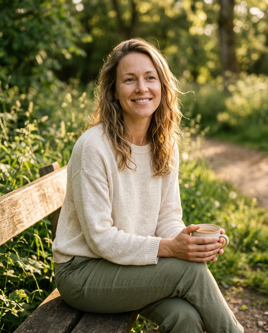 A natural lifestyle portrait of a woman in her mid-30s smiling softly outdoors in warm, golden sunlight. She has a healthy, natural appearance and relaxed confidence, wearing neutral casual clothing. The photography style is authentic and premium, capturing a balanced feminine wellness aesthetic.