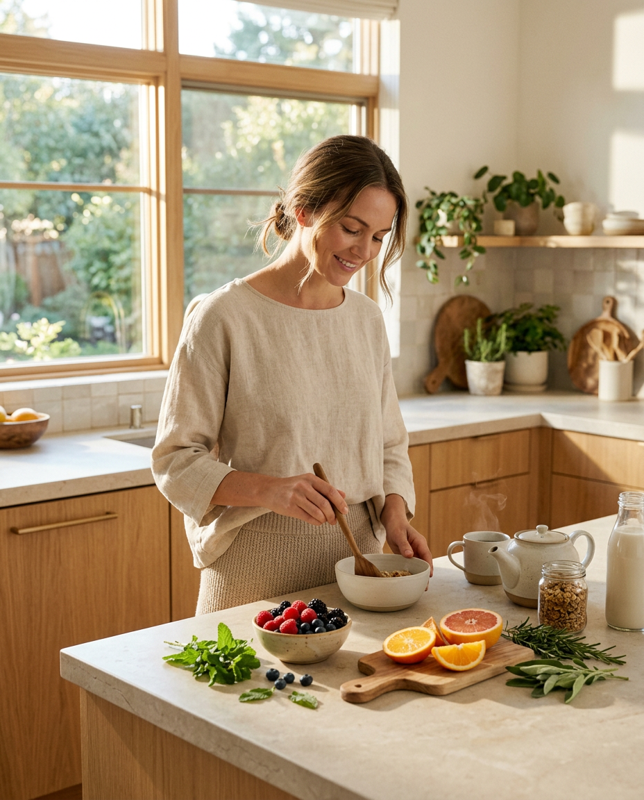 A serene woman in soft knit clothing preparing a healthy breakfast of oatmeal and herbal tea in a bright, sunlit kitchen. The scene features warm golden tones and an elegant interior, reflecting a balanced and vital feminine lifestyle.