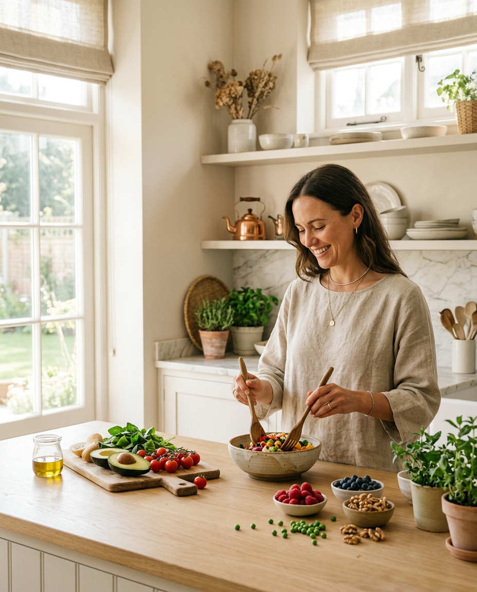 A woman in elegant neutral clothing preparing a nourishing meal in a bright, beautiful kitchen filled with warm sunlight and fresh natural ingredients. The editorial style features soft beige and green tones, capturing a calm and healthy feminine wellness lifestyle with sophisticated brand aesthetics.