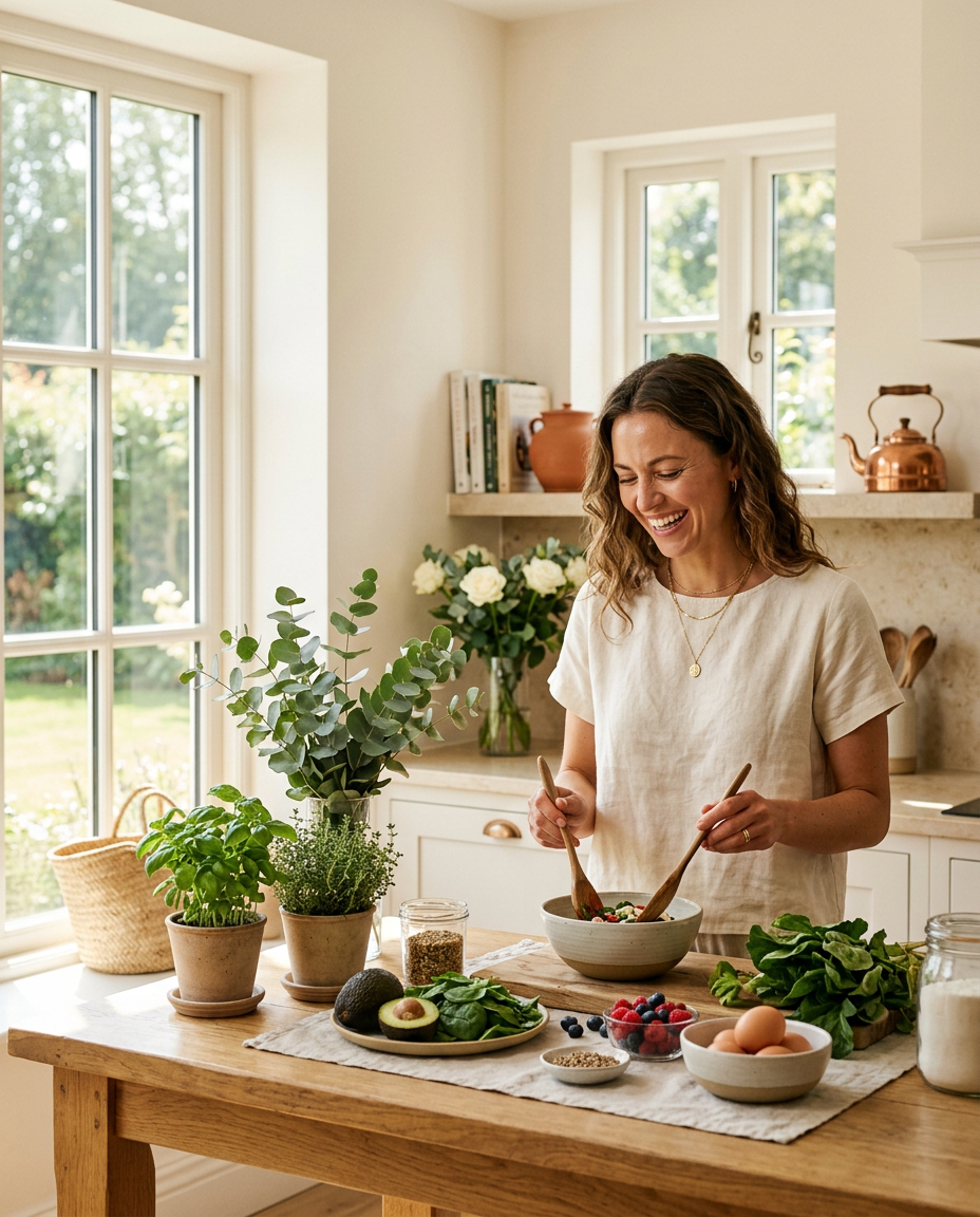 A woman with a confident smile preparing healthy food in a bright, natural kitchen during her morning routine. The scene features warm beige and soft green tones with sunlight streaming through windows, capturing a balanced and energized feminine wellness lifestyle with premium editorial textures.