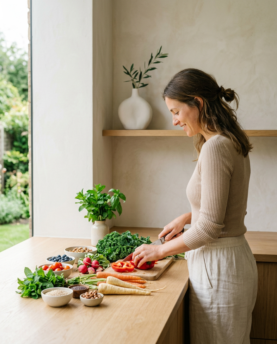  A woman with a calm, vibrant expression preparing a nourishing meal in a bright minimalist kitchen filled with fresh vegetables, herbs, and seasonal ingredients. Bathed in soft morning sunlight, the scene features warm neutral tones with soft green accents, capturing an energized and comfortable feminine wellness lifestyle in a premium editorial style.