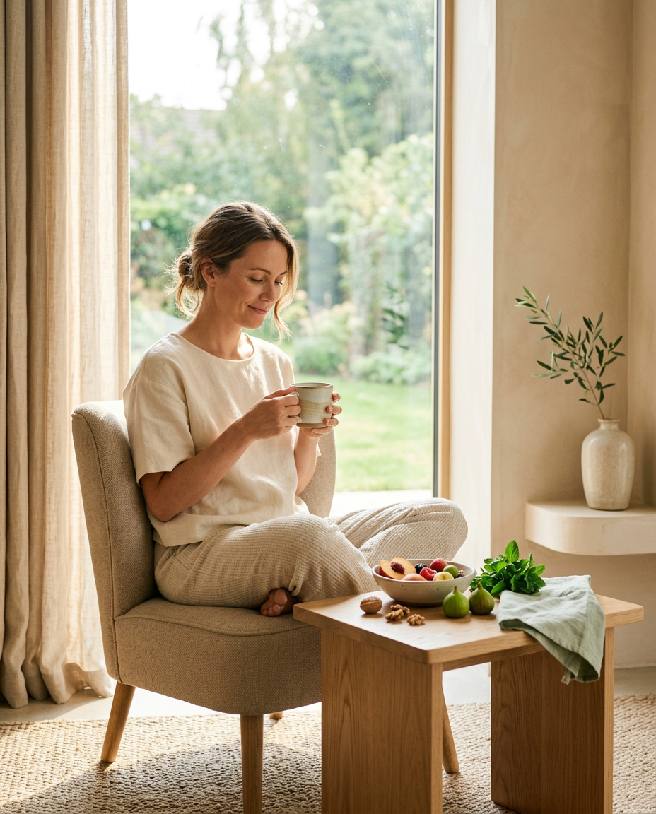 A woman with a calm, comfortable expression sitting near a bright window with fresh fruit and herbal tea. Set in a minimalist home with natural textures, she appears balanced and connected with her body under soft natural sunlight. The editorial style features warm beige and soft green tones, capturing a premium feminine wellness brand aesthetic.