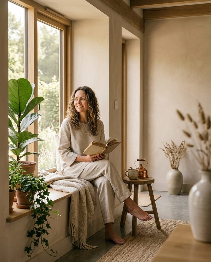 A woman in elegant neutral linen clothing sitting comfortably by a window with a book and herbal tea, enjoying a peaceful self-care moment. The minimalist interior features warm natural textures and plants under soft natural sunlight, capturing a balanced and nourished feminine wellness lifestyle.