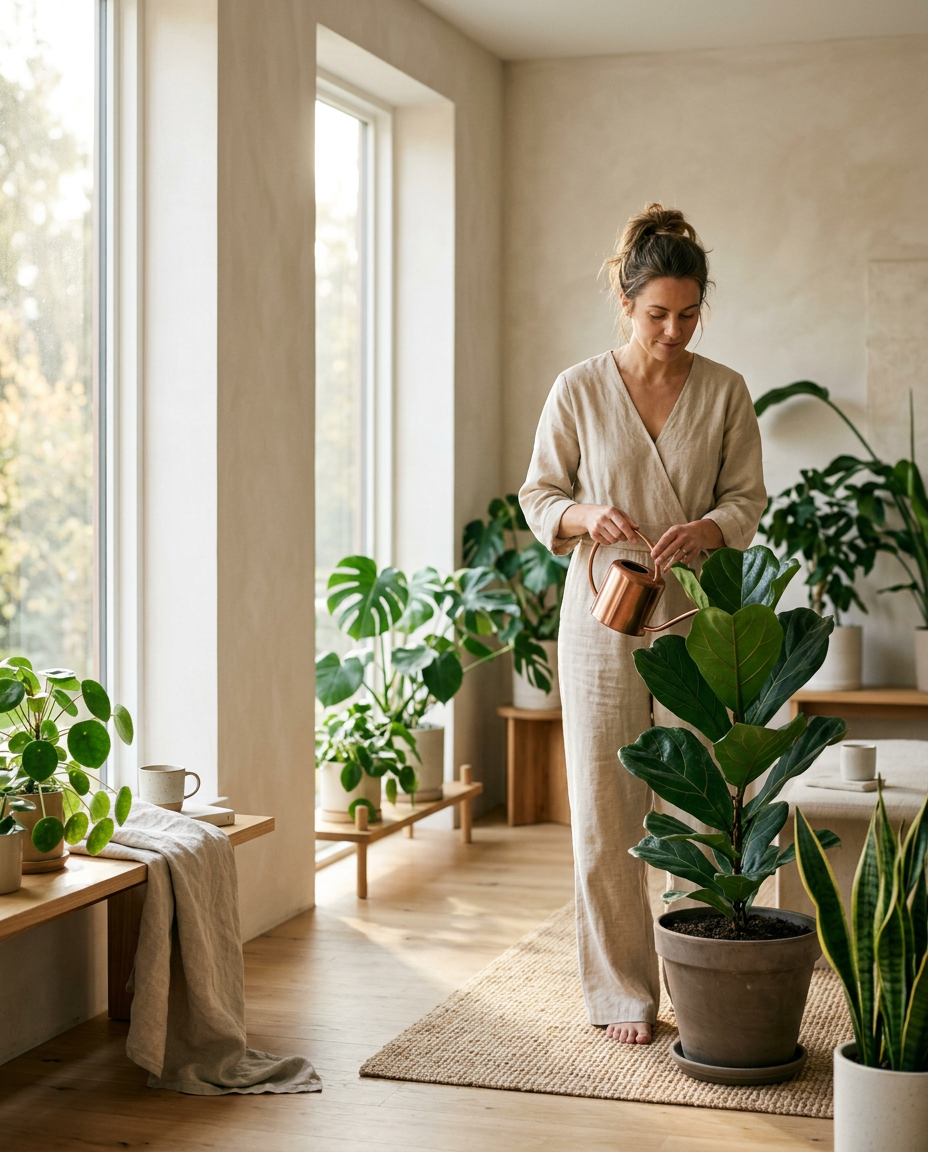 Luxury wellness editorial photography of a woman with a calm, grounded expression caring for plants in a bright minimalist home. Bathed in soft morning sunlight and wearing natural linen, she embodies a peaceful daily ritual of self-care and connection. The composition features warm neutral tones and elegant negative space.