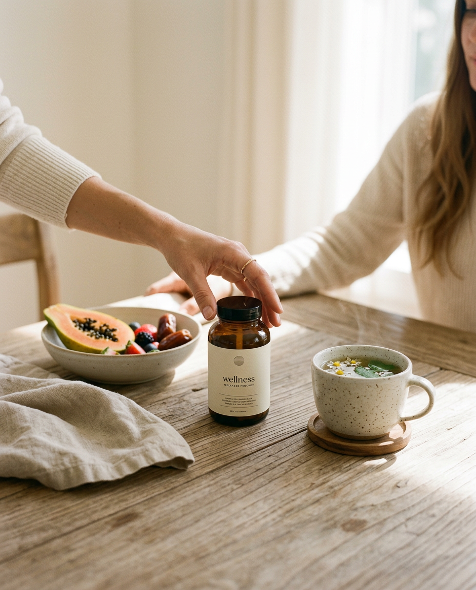 A premium wellness product bottle on a natural wooden table next to herbal tea, fresh fruit, and soft linen. A woman's hand gently reaches for the product in warm morning sunlight within a bright, minimalist home interior. The scene uses soft beige and cream tones to evoke a luxury brand aesthetic focused on inner glow and healthy digestion.