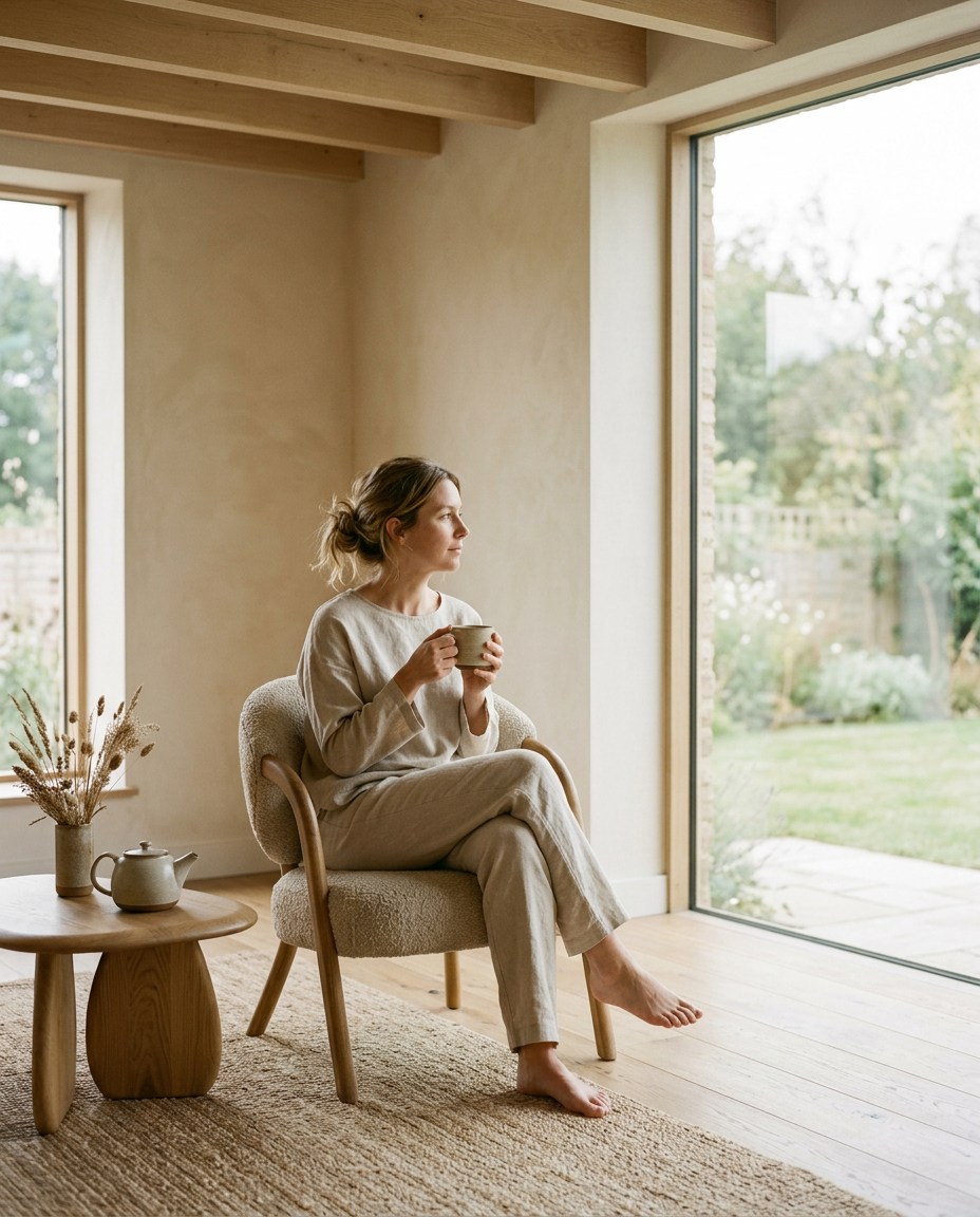Luxury wellness editorial photography of a woman with a thoughtful yet calm expression, sitting in a warm minimalist home. Wearing neutral linen clothing under soft morning light, she takes a reflective moment with herbal tea nearby. The scene features natural textures and a premium brand aesthetic, capturing a sense of reconnecting with personal needs and inner balance.