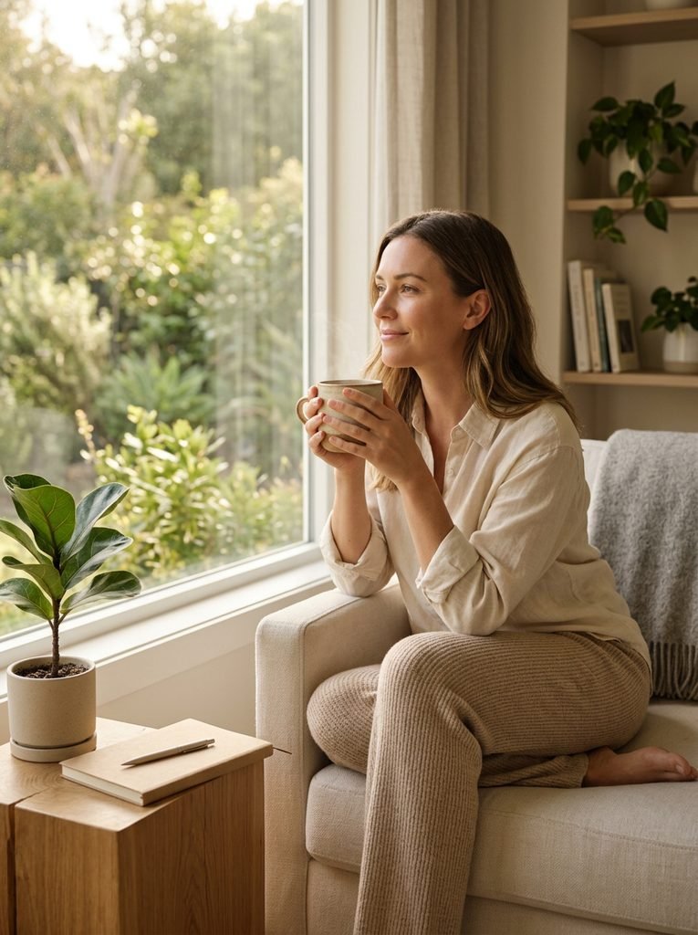 A realistic lifestyle wellness photograph of a woman in her 30s sitting peacefully by a bright window, holding a warm cup of herbal tea with a calm and relaxed expression. The cozy home interior features soft sunlight, natural textures, and a minimalist aesthetic.