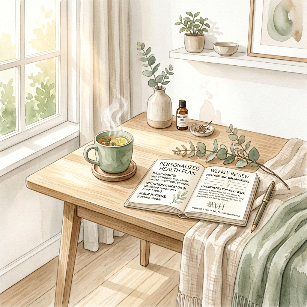 High-end editorial photography of an open personalized wellness planner on a light wooden desk, accompanied by herbal tea and botanical leaves. The scene is bathed in soft morning sunlight with a minimalist Scandinavian aesthetic, featuring a calming palette of sage green and neutral beige.