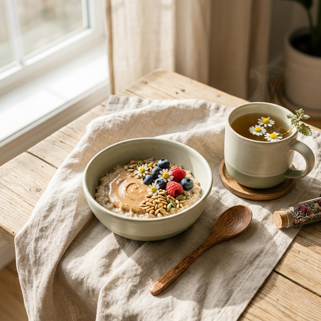 An elegant wellness still life featuring a nourishing breakfast bowl and herbal tea on a wooden table with linen. The scene uses a soft beige and sage green palette under warm morning light to create a peaceful, minimal luxury aesthetic.