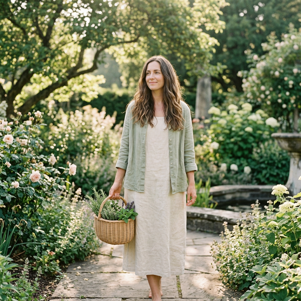 High-end editorial photography of a serene woman in her early 30s walking through a sunlit botanical garden, carrying a woven basket of fresh herbs. She is dressed in elegant neutral linen, embodying inner balance and a connection with nature within a warm beige and sage green aesthetic.