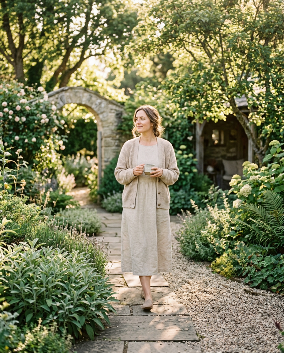 High-end editorial lifestyle photography of a woman in her early 30s walking peacefully through a botanical garden pathway in the morning. She is wearing elegant neutral linen and a soft cardigan, embodying a sense of balance and mindful self-care. The scene is illuminated by warm golden sunlight with a calming palette of beige and sage green.