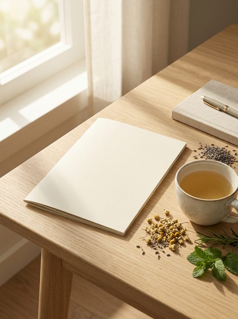 A premium wellness lifestyle still life featuring a minimalist booklet on a wooden table alongside a ceramic tea cup, dried herbs, and botanical leaves. The scene is bathed in warm sunlight with a calm, elegant atmosphere in cream and sage green tones.