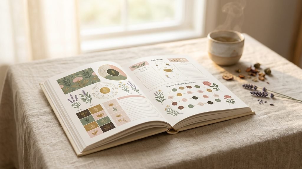 A high-end brand hero image featuring an open personalized wellness blueprint journal as the central focus on a linen surface. Supporting elements include subtle botanical ingredients and a ceramic tea cup softly blurred in the background, all bathed in warm morning light with ivory and sage tones.