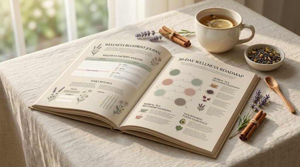 A premium product mockup of an open personalized wellness blueprint journal on a linen table. The luxury report features elegant editorial layouts, soft beige paper, and botanical illustrations, accompanied by a ceramic tea cup in warm, natural morning light with a minimalist aesthetic.