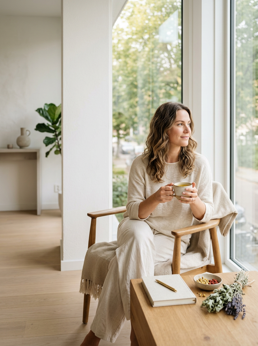 A premium wellness lifestyle photograph of a woman in her 30s sitting peacefully by a bright window with a cup of herbal tea. The scene includes holistic elements like a journal and dried herbs, set in an elegant, neutral-toned interior with negative space on the left for text.