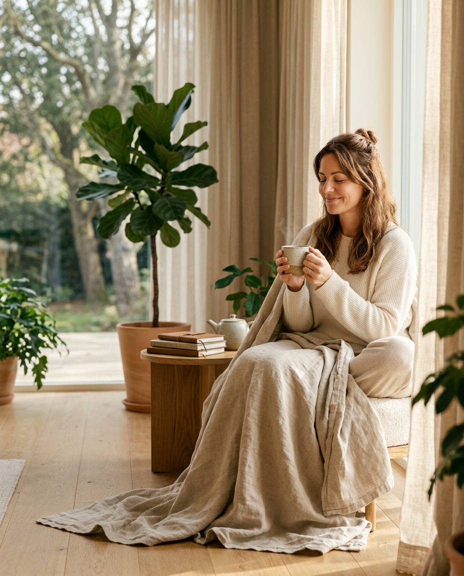 Luxury wellness editorial photography of a woman sitting by a sunlit window with herbal tea and a soft linen blanket. She has a relaxed, confident expression in a warm minimalist interior with plants and beige tones. The composition is a vertical 4:5 frame with the subject on the right and elegant negative space on the left.