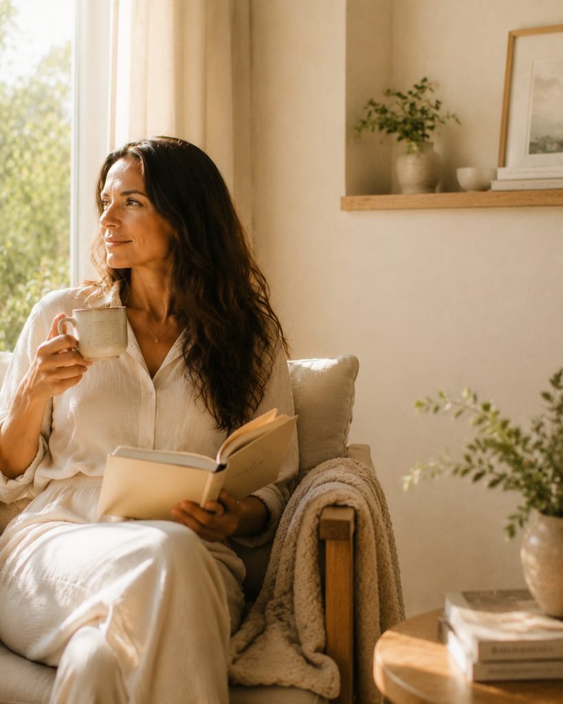 A woman enjoying a gentle self-care moment at home, sitting near a sunny window with herbal tea and a book, wrapped in a soft blanket in a warm minimalist interior with natural linen textures and peaceful morning light.