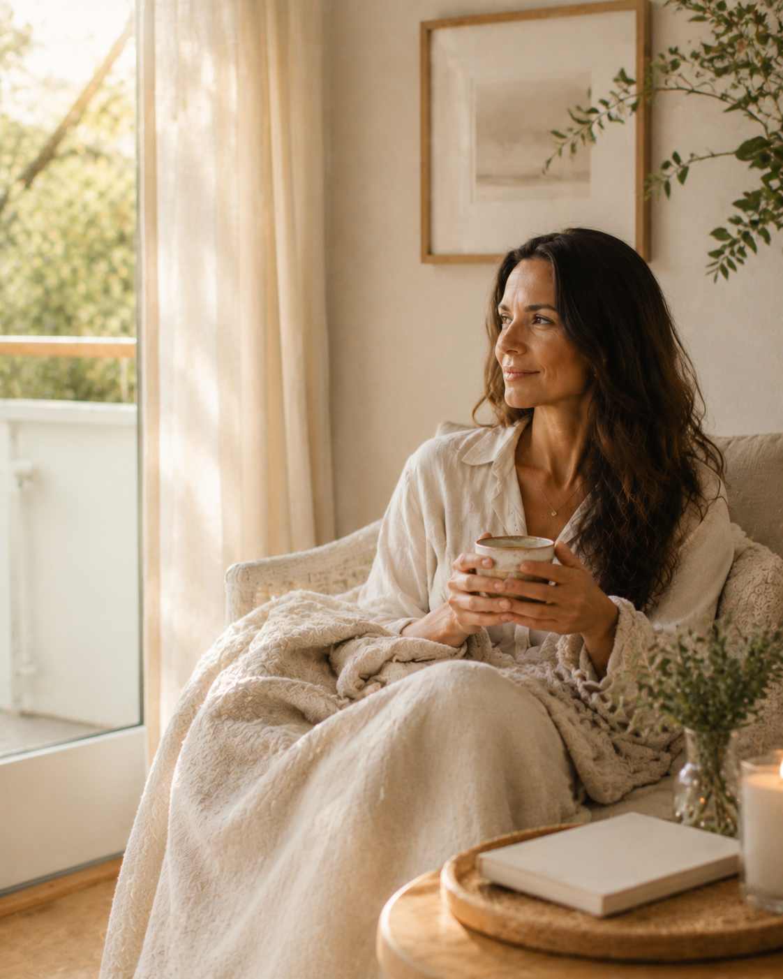 A woman enjoying a peaceful restorative morning at home, relaxing with warm herbal tea and a soft blanket in a cozy minimalist interior with gentle sunlight, natural textures, and a calm renewed expression.