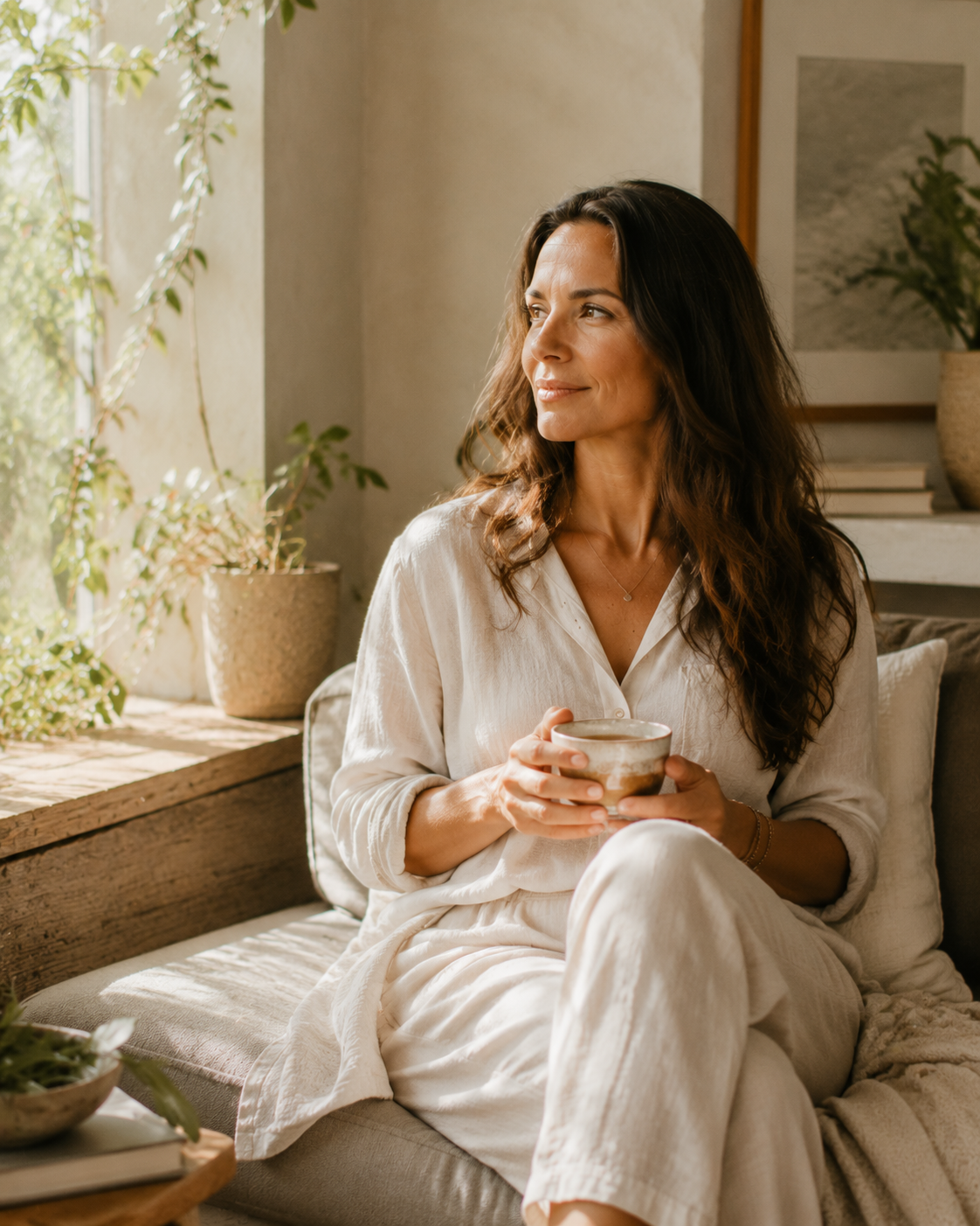 A woman enjoying a peaceful restorative moment at home, sitting near a window with warm herbal tea, surrounded by plants, cozy natural textures, and soft morning sunlight in a calm wellness-inspired interior.