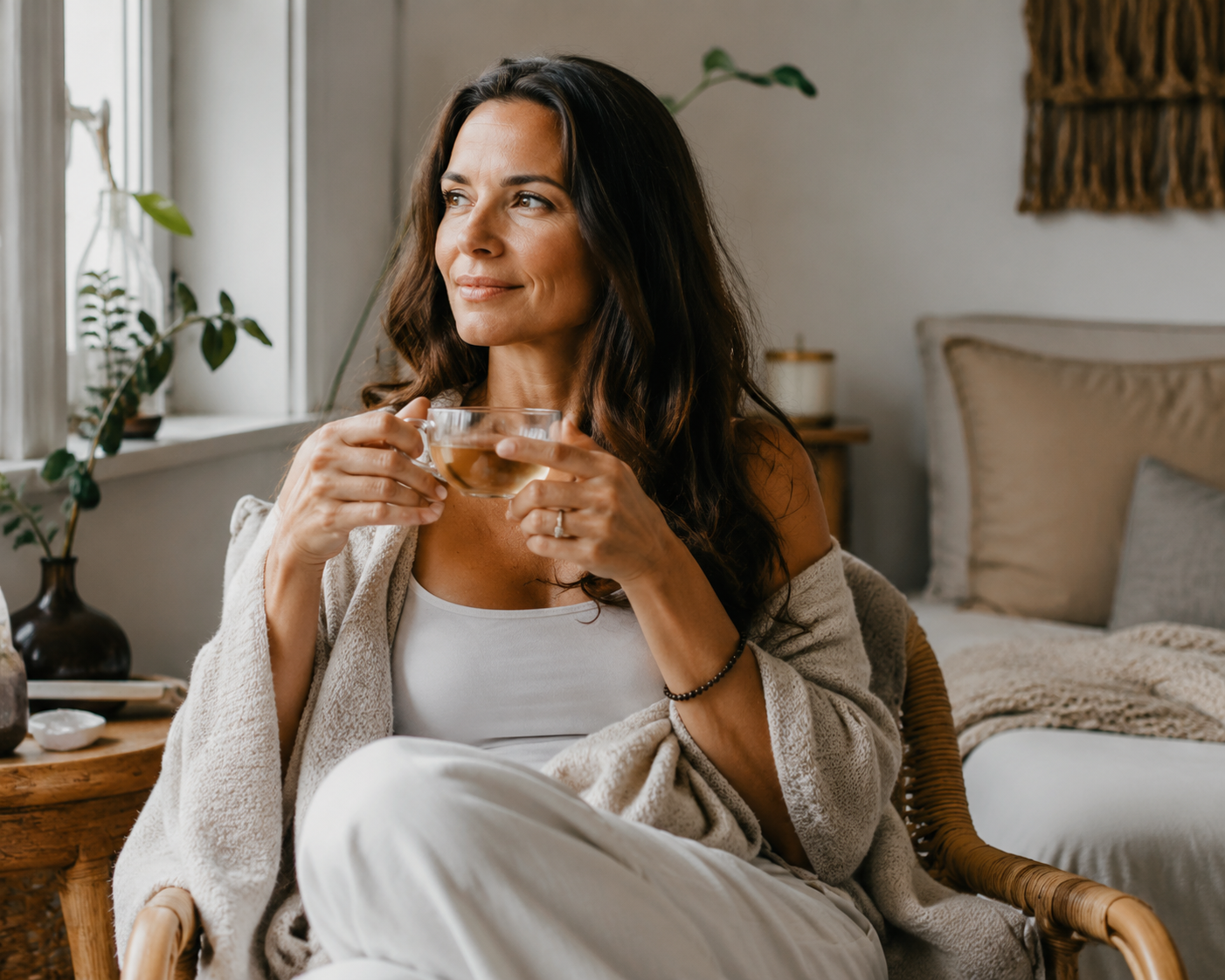 A woman in her early 40s enjoying a peaceful self-care moment at home, holding a cup of herbal tea in soft morning light, surrounded by natural textures and cozy neutral-toned decor.