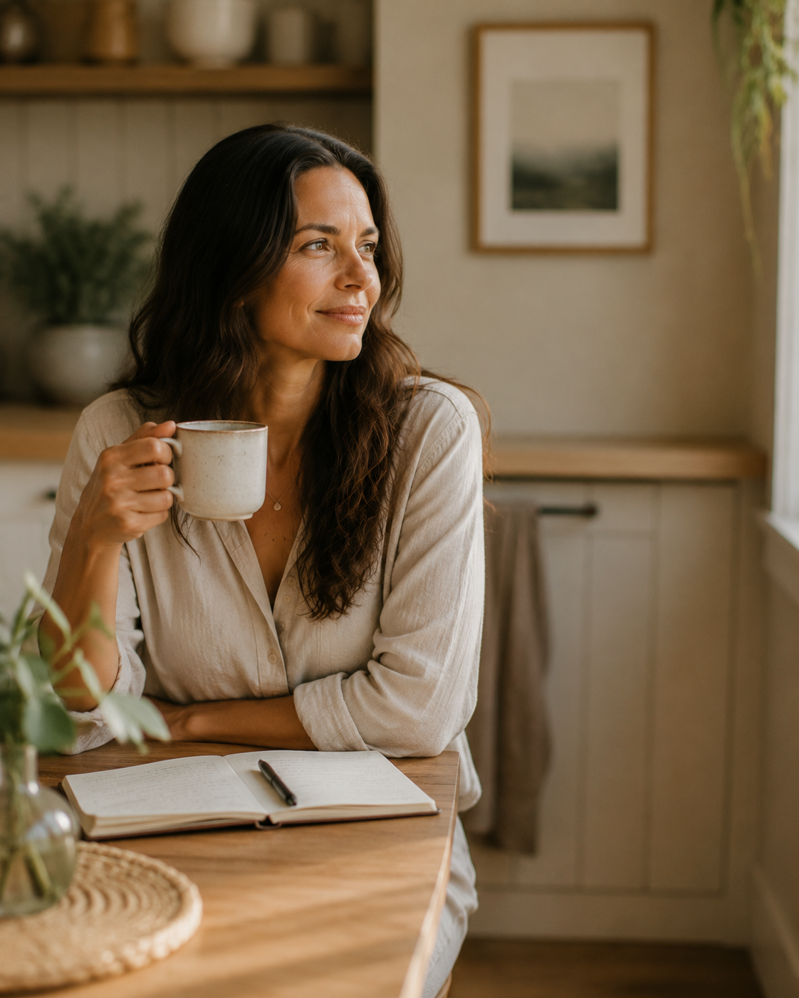 A woman enjoying a quiet pause at home, sitting at a kitchen table with a notebook and warm tea, surrounded by a cozy minimalist interior with natural textures and soft morning light.