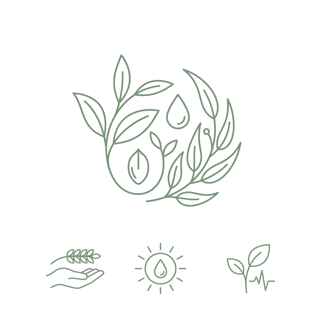 A minimalist line icon featuring elegant botanical leaves merged with subtle nutritional elements, rendered in a thin sage green stroke for a high-end healthcare brand aesthetic.