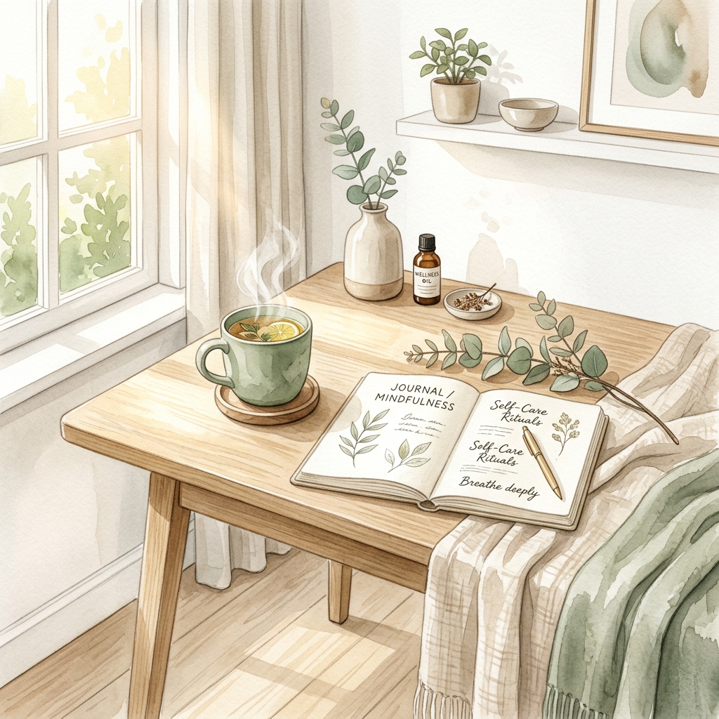 An elegant watercolor illustration of a minimalist feminine workspace featuring a ceramic mug of herbal tea, a notebook, and eucalyptus leaves on a wooden desk. Soft sunlight filters through a window onto sage green and neutral beige tones, creating a calm, premium self-care aesthetic.