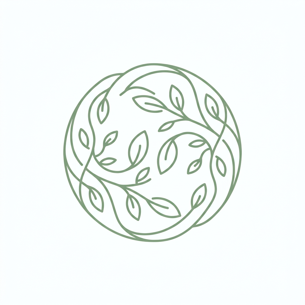 A minimalist line art icon in sage green, featuring a circular energy symbol that represents body balance and inner harmony, integrated with delicate botanical leaf elements on a clean white background.

Would you like me to make any adjustments to the design, such as changing the color or the line weight?