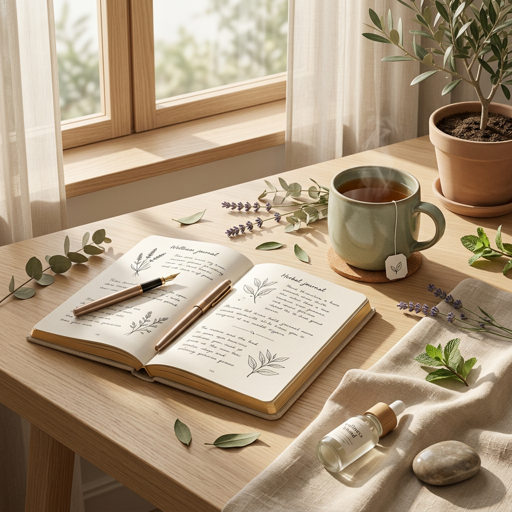 A premium editorial wellness illustration of an open journal, herbal tea, and botanicals on a cozy wooden desk in a sunlit Scandinavian interior, featuring a soft beige and sage green color palette.
