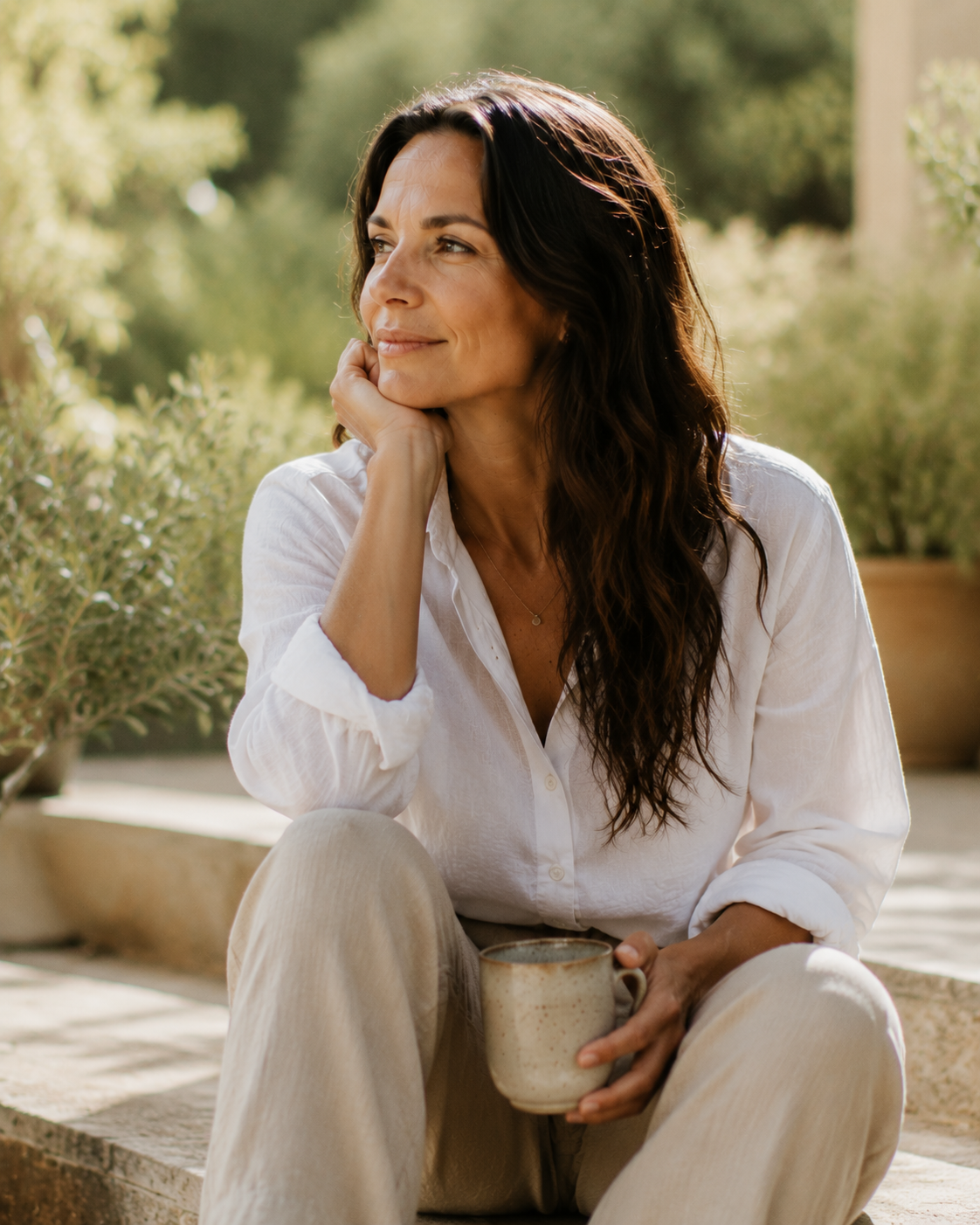 A woman in her late 30s enjoying a peaceful outdoor moment with a calm relaxed expression, holding a warm drink in a sunlit natural setting, wearing simple clothing and embodying an authentic feminine wellness lifestyle.