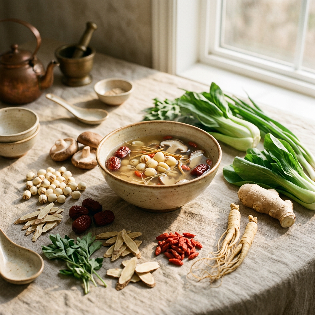 High-end editorial food photography of a nourishing soup in a ceramic bowl on a linen cloth. The scene is elegantly arranged with natural ingredients like lotus seeds, dates, and herbs, captured in warm morning sunlight with a sophisticated, earthy color palette.