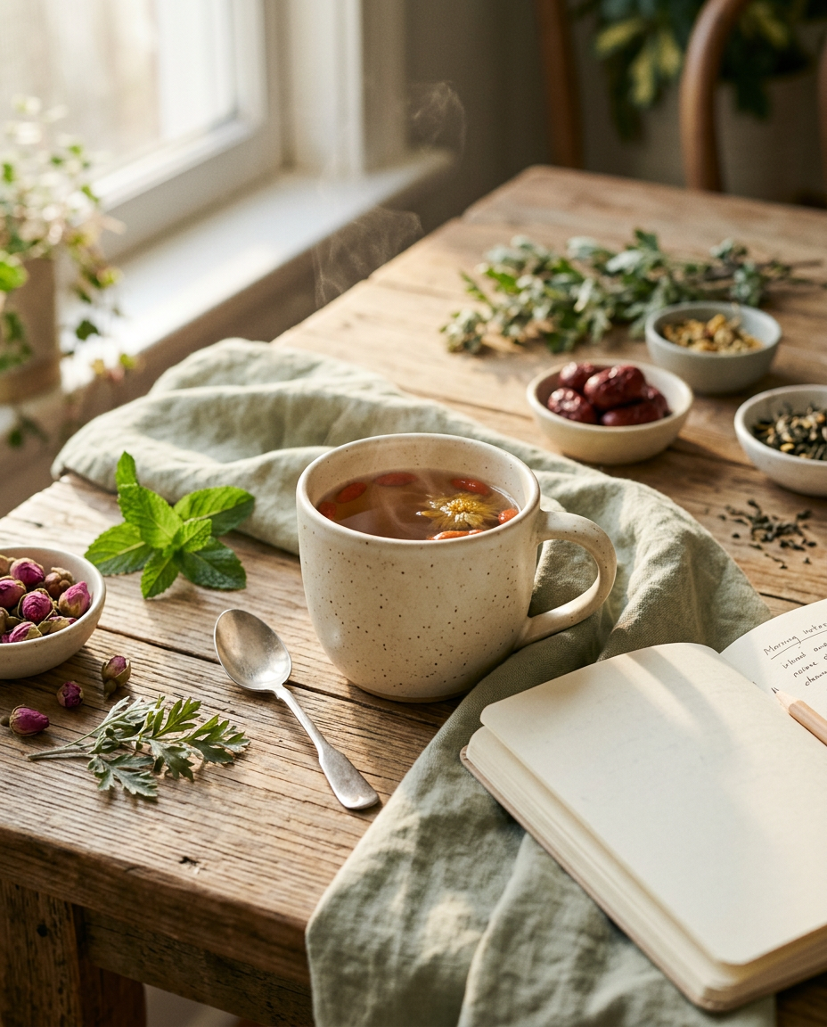 A serene, editorial-style photograph of a ceramic cup of herbal tea on a rustic wooden table, surrounded by dried botanicals, fresh herbs, and a wellness journal in warm morning sunlight, featuring a cream and sage color palette.