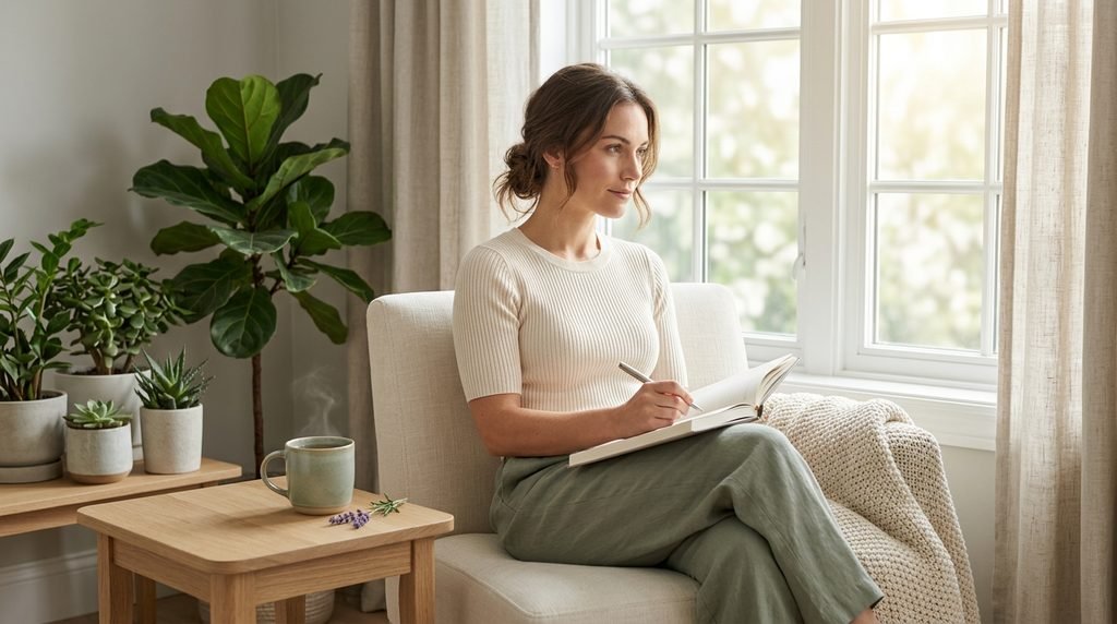 A serene woman writing in a wellness journal by a bright window, surrounded by indoor plants, herbal tea, and soft linen textures in a cream and sage green minimalist setting.
