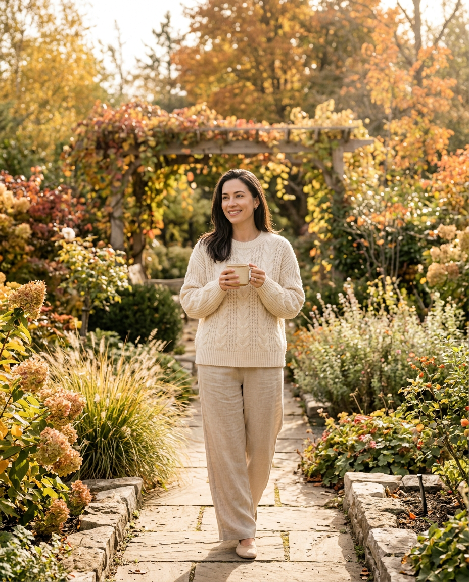 A premium wellness lifestyle photograph of a woman in a neutral knit sweater walking through a sunlit autumn garden. She is smiling while holding a warm cup of tea, surrounded by natural golden light and soft earthy tones that evoke a sense of healthy vitality and comfort.