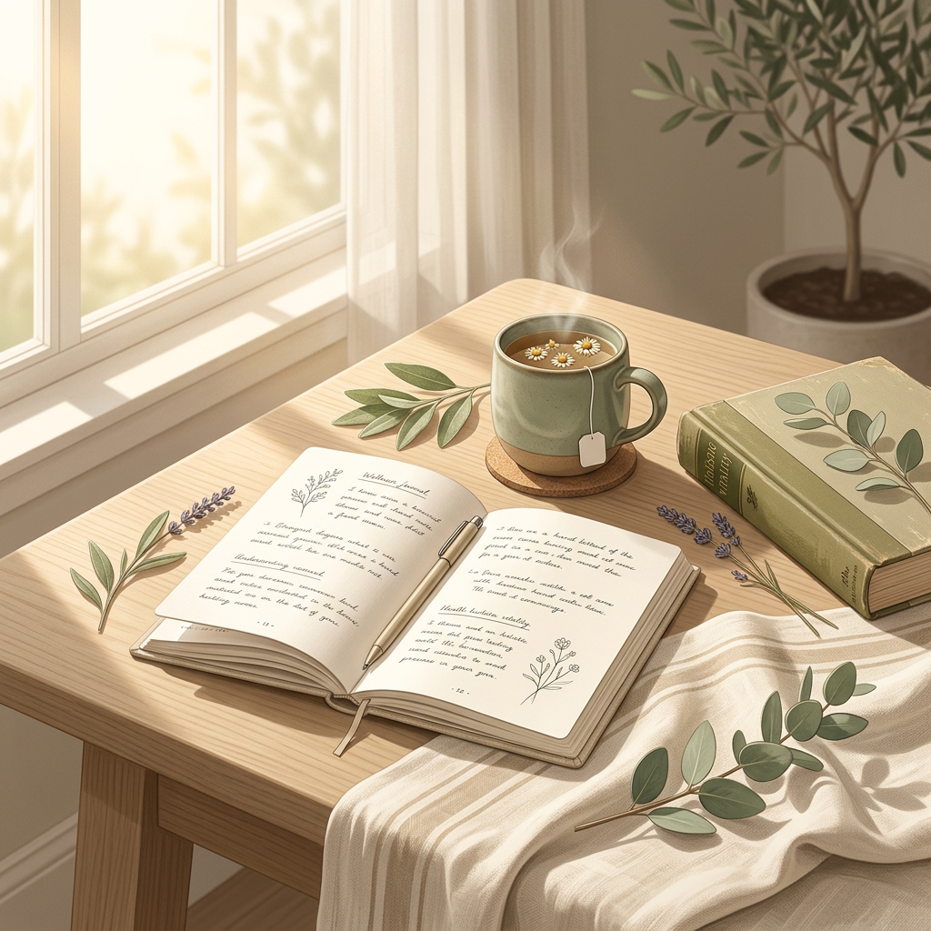 A premium wellness still life illustration showing an open journal with handwritten notes, a ceramic mug of herbal tea, and botanical accents on a wooden table in warm morning sunlight.