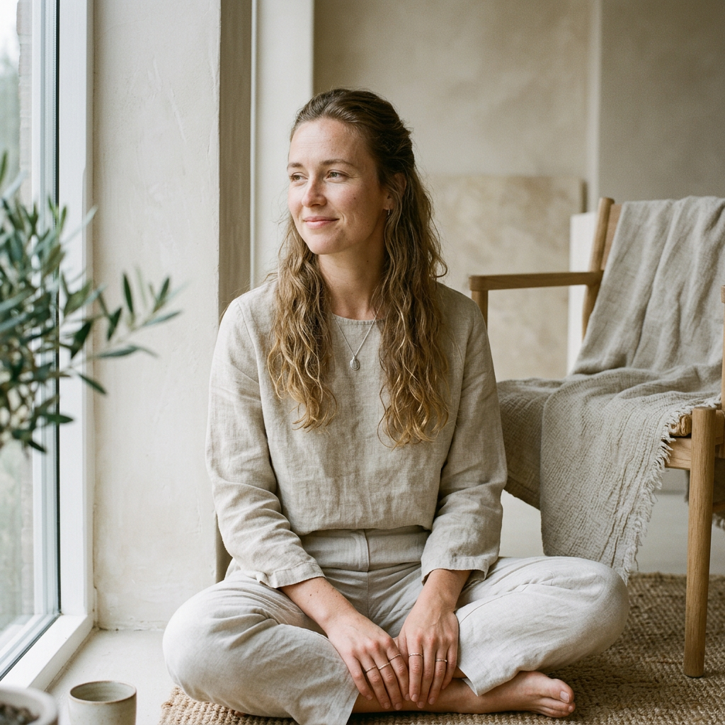  A natural lifestyle portrait of a woman in her late 20s with a subtle smile and a grounded expression, featuring soft diffused lighting and neutral beige tones.