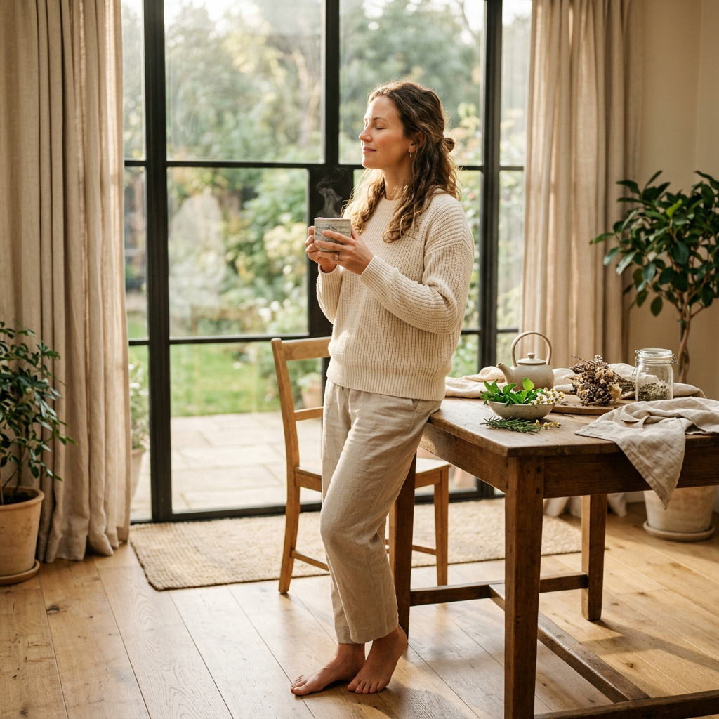 A woman in her 30s stands by a sunlit window, peacefully holding a ceramic tea cup during a morning wellness ritual in a minimalist, warm-toned room.