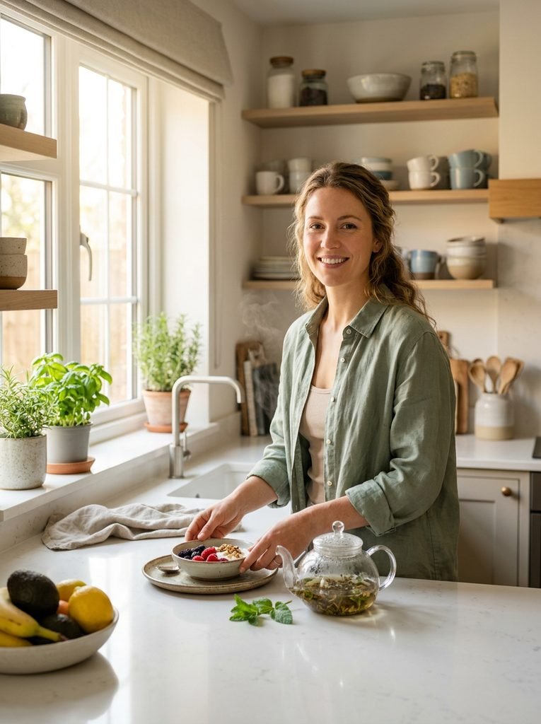 A realistic lifestyle wellness photograph of a vibrant woman in her early 30s preparing herbal tea and a healthy breakfast in a sun-drenched, elegant kitchen. The scene features fresh fruit, herbs, and ceramic tableware in a bright and nourishing atmosphere.